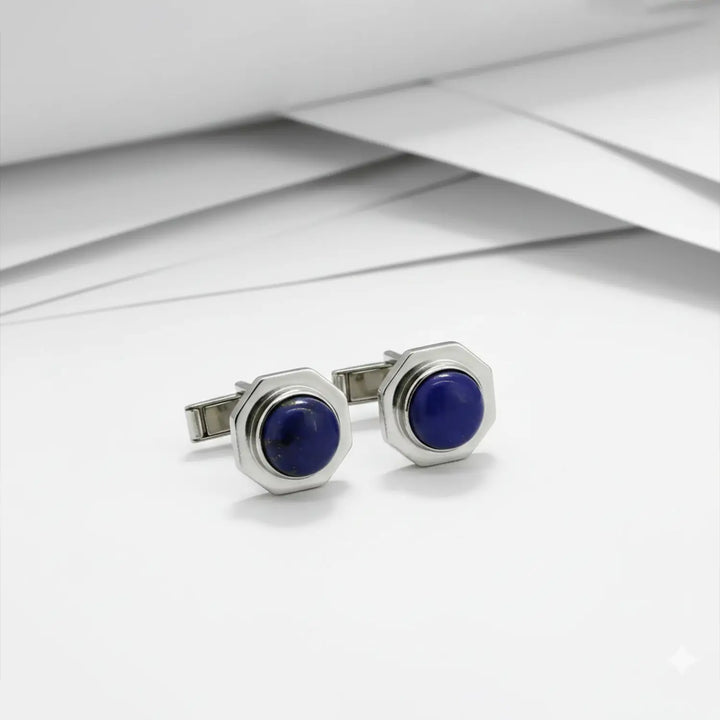 Hexagonal  Pure Silver Cufflinks with Lapis Blue Stone - Made With Pure 925 Silver