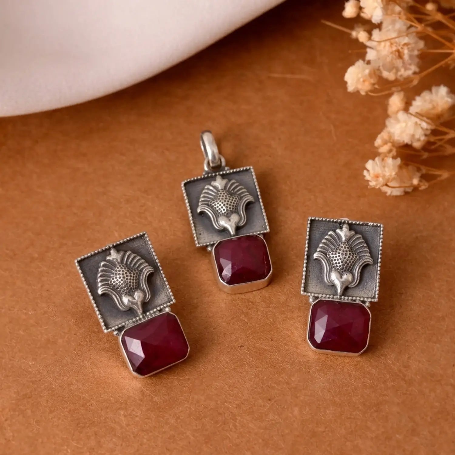 Vintage Ruby Floral Sterling Silver Pendant Set - Made With Pure 925 Silver