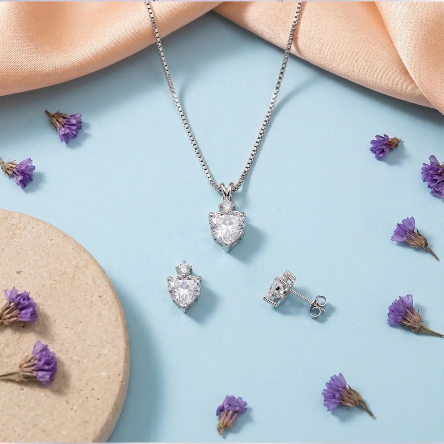 Elegant Pure Silver Heart CZ Pendant Set with Earrings - Made With Pure 925 Silver