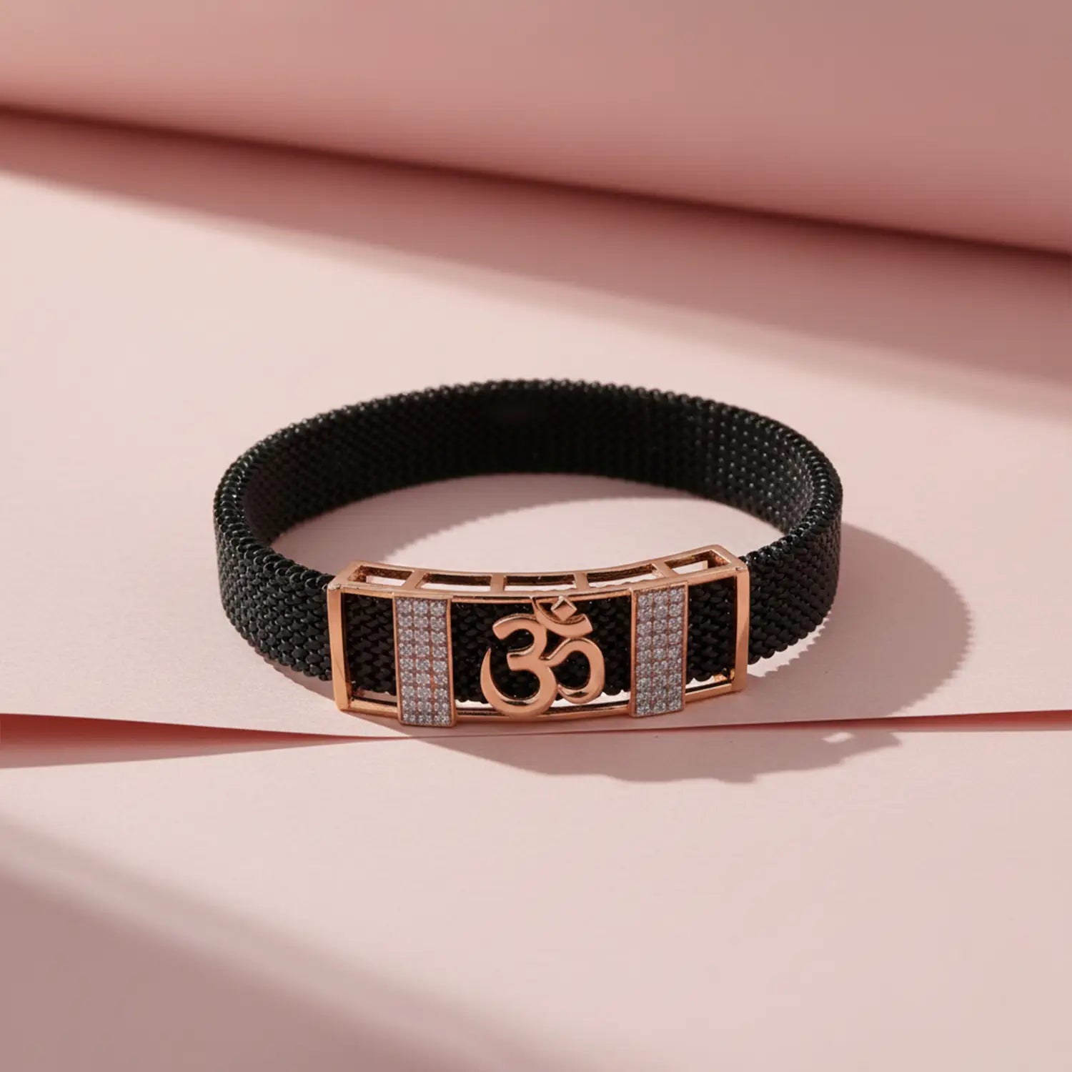 Men’s Black Strap Bracelet with Gold “Om” Symbol- Made With Pure 925 Silver