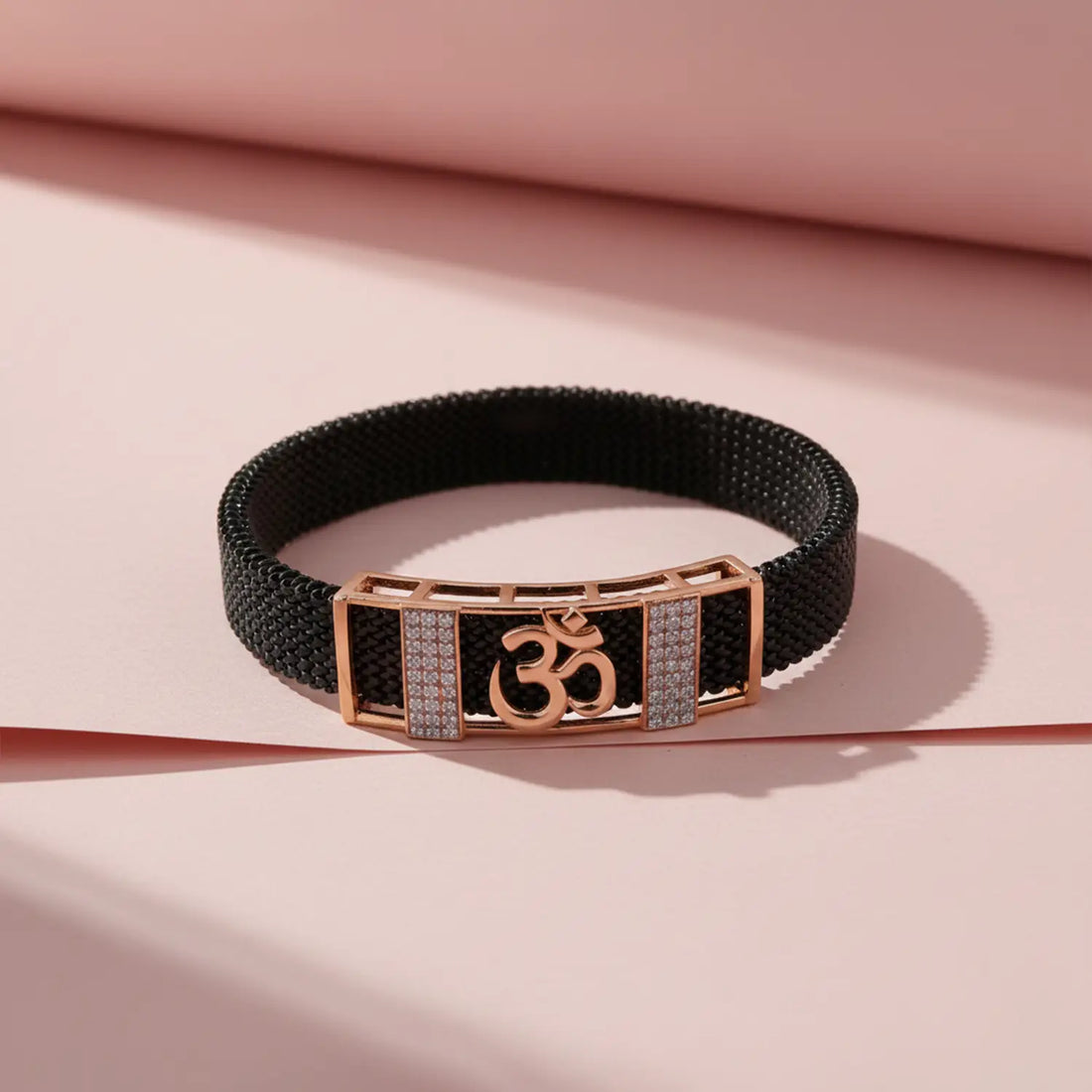 Men’s Black Strap Bracelet with Gold “Om” Symbol- Made With Pure 925 Silver