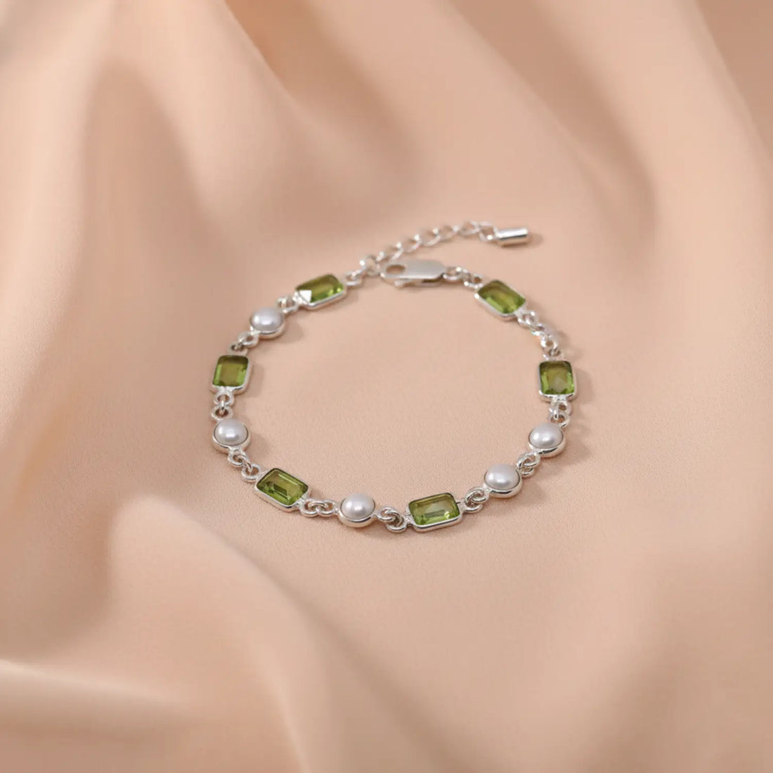 Peridot & Pearl Link Sterling Silver Bracelet- Made With Pure 925 Silver