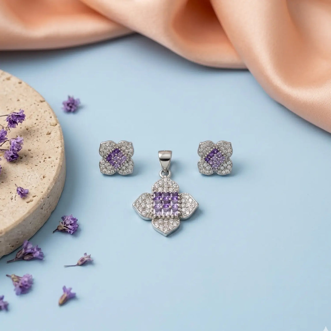 Elegant Pure Silver Purple CZ Floral Pendant Set - Made With Pure 925 Silver