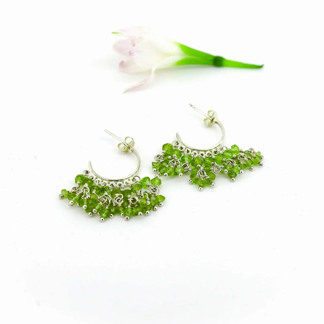 Pure Silver  Earrings with Green Bead Clusters- Made With Pure 925 Silver