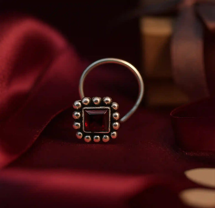 Garnet Grace Oxidised Silver Nose Pin- Made With Pure 925 Silver