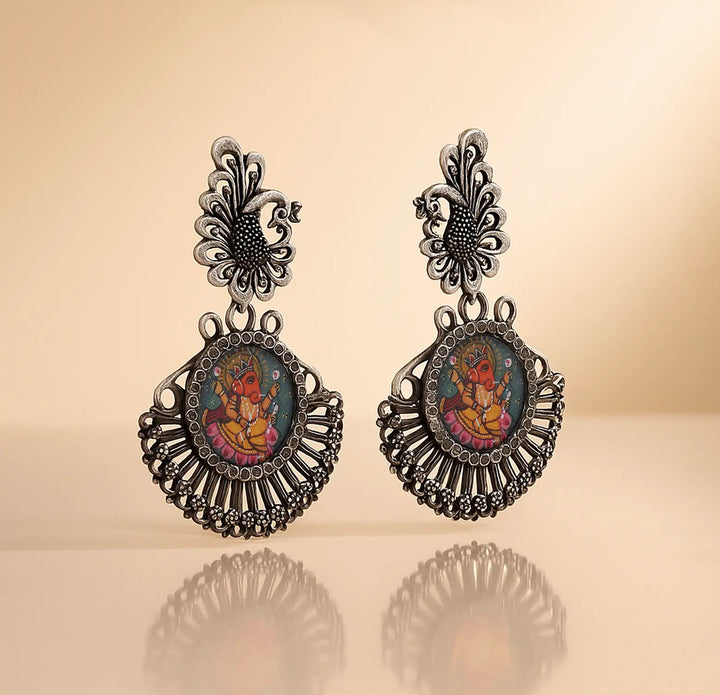 Silver Ganesha Art Mirror Work Earring
