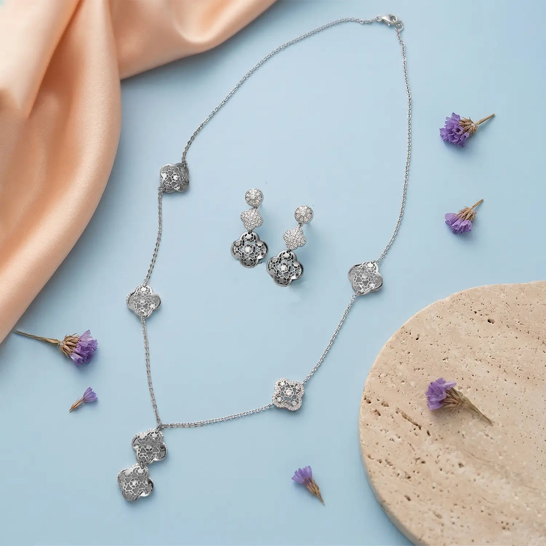 Elegant Floral Station Pure Silver Necklace Set- Made With Pure 925 Silver