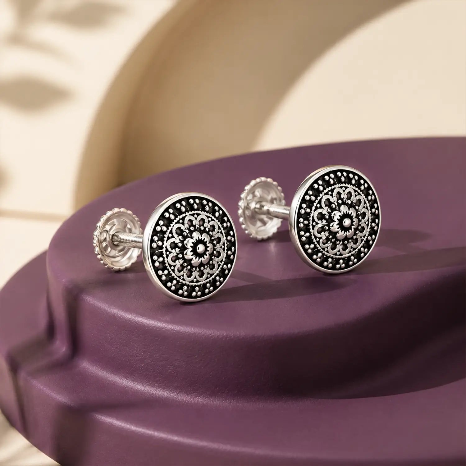 Antique Floral Oxidised Silver Stud Earrings - Made With Pure 925 Silver