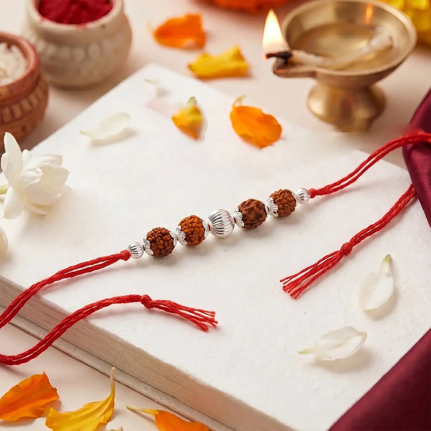 Divine Panch Rudraksha Silver Rakhi - Made With Pure 925 Silver