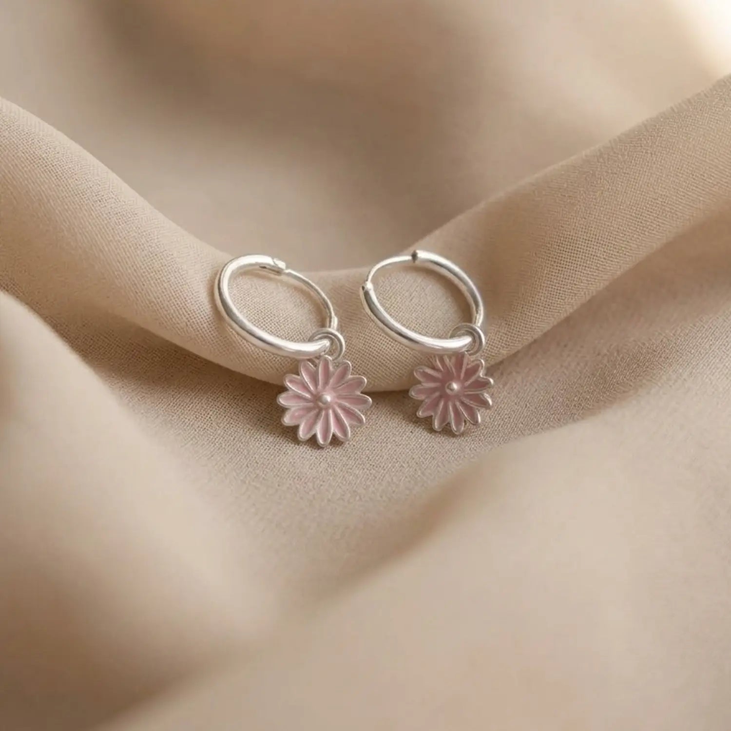 Pink Daisy Flower Silver Hoop Earrings - Made With Pure 925 Silver