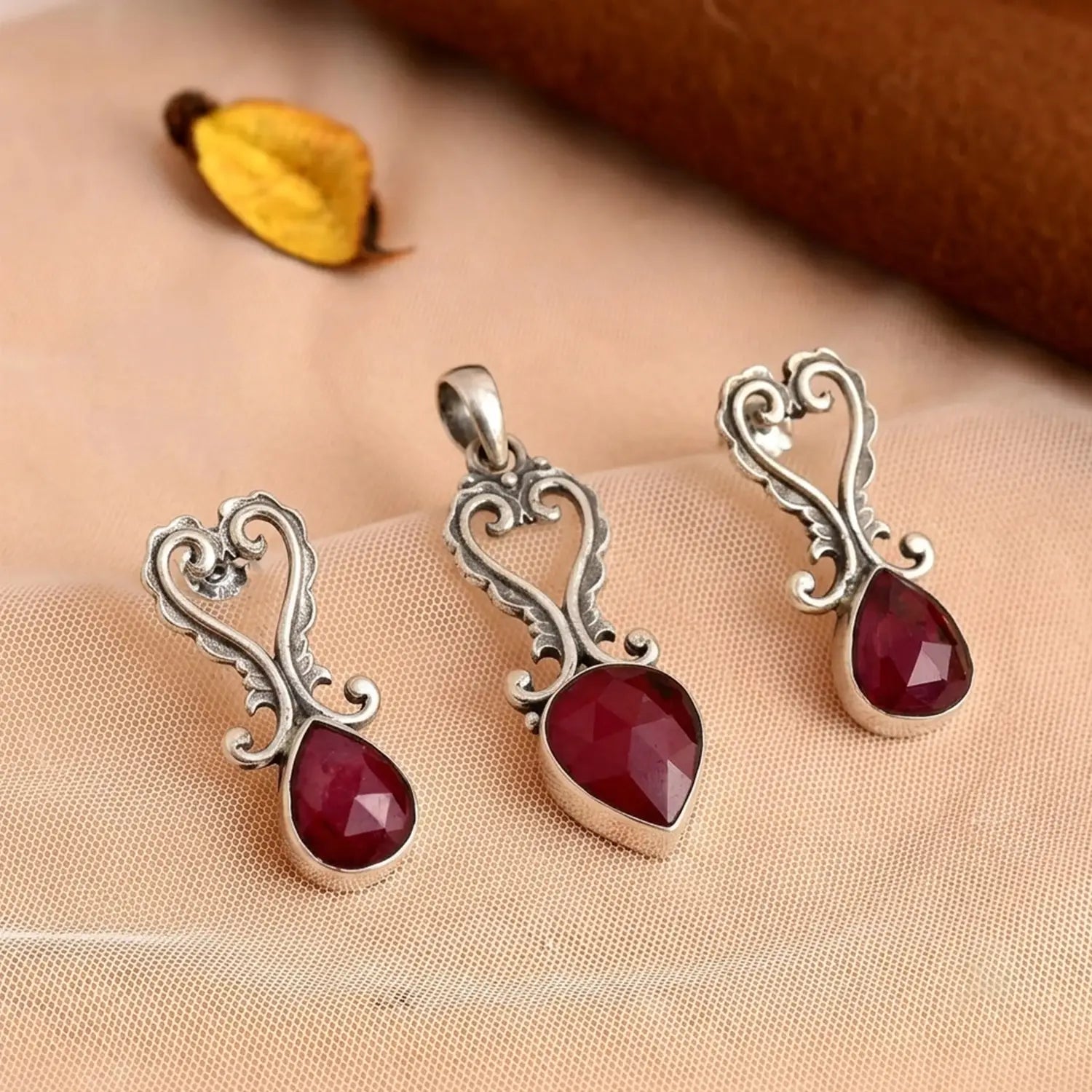 Elegant Ruby Heart Sterling Silver Pendant Set - Made With Pure 925 Silver