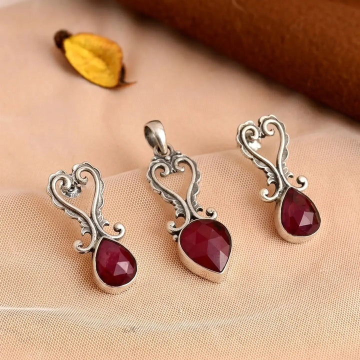 Elegant Ruby Heart Sterling Silver Pendant Set - Made With Pure 925 Silver