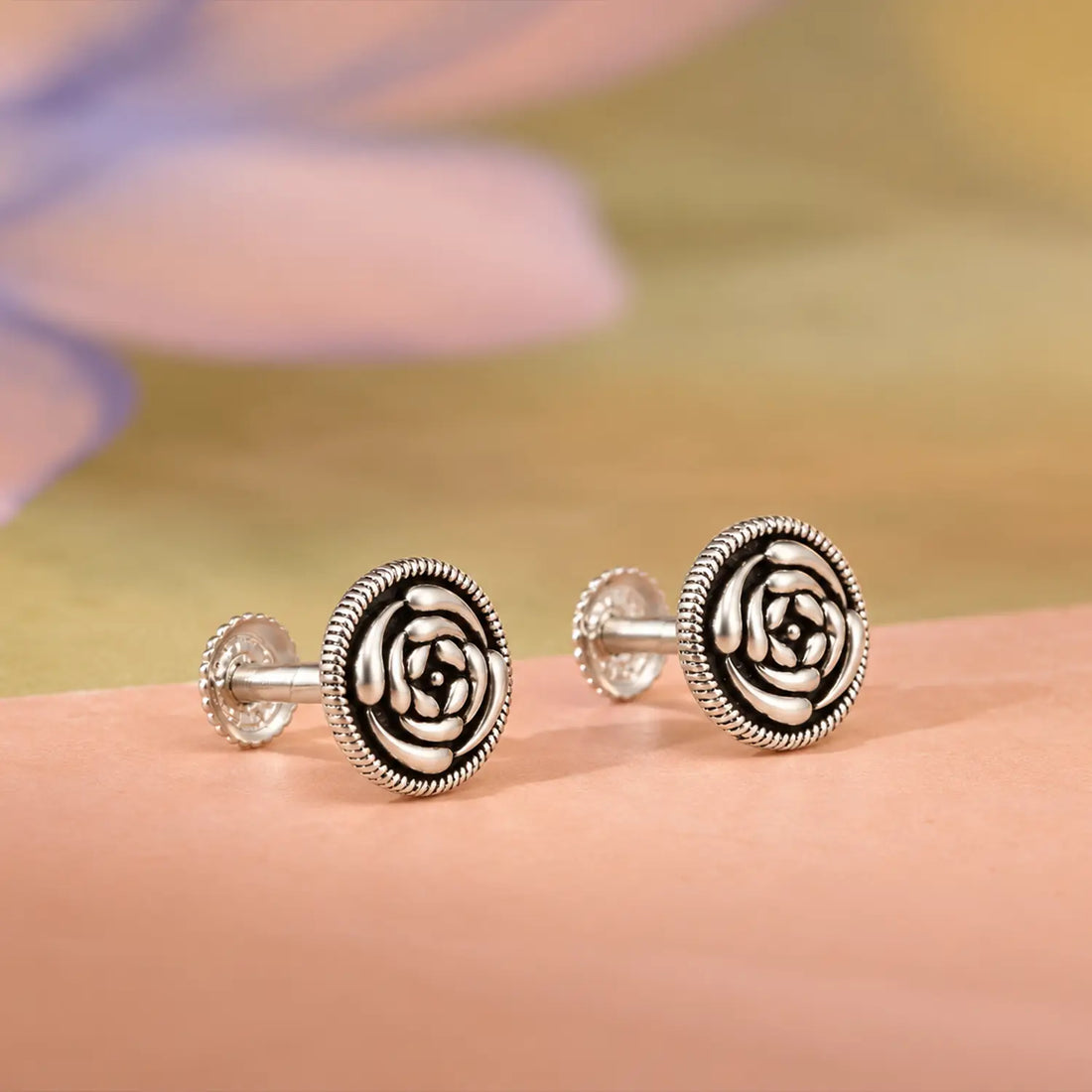 Vintage Rose Oxidised Silver Stud Earrings - Made With Pure 925 Silver
