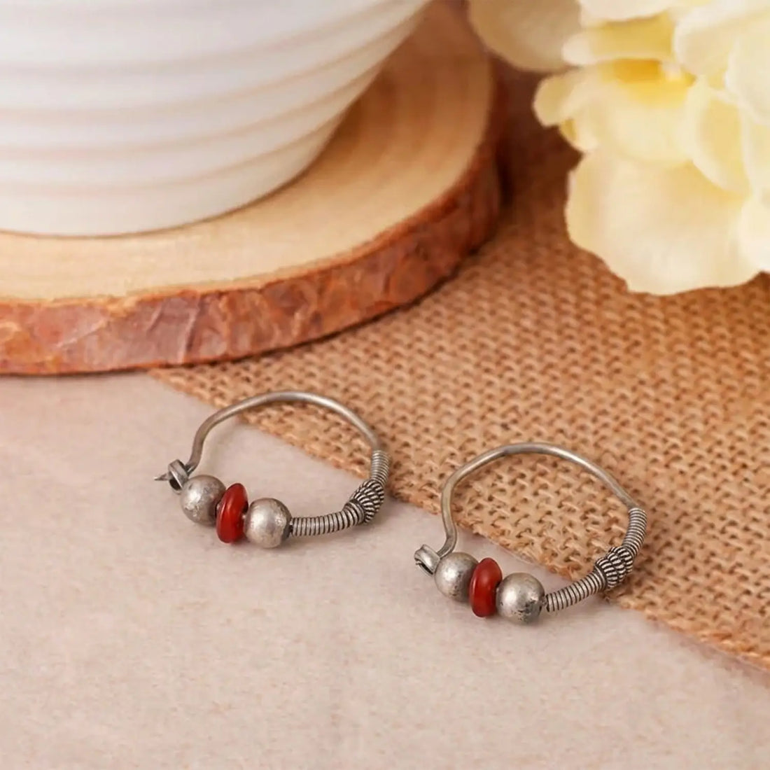 Minimalist Red Bead Sterling Silver Hoop Earrings - Made With Pure 925 Silver