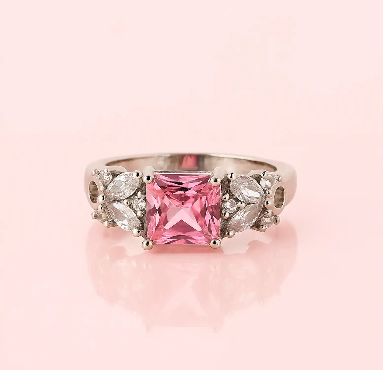Pink Princess-Cut Stone Silver Ring - Made With 925 Pure Silver