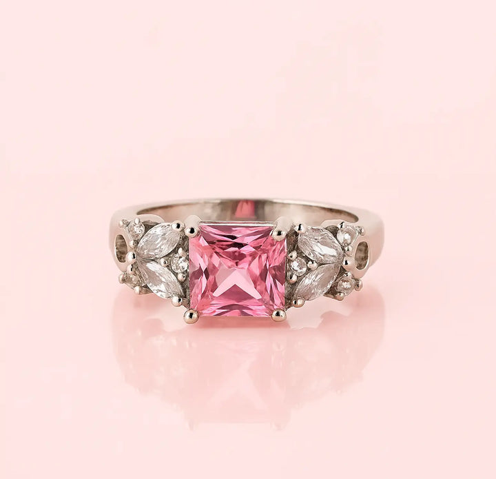 Pink Princess-Cut Stone Silver Ring - Made With 925 Pure Silver