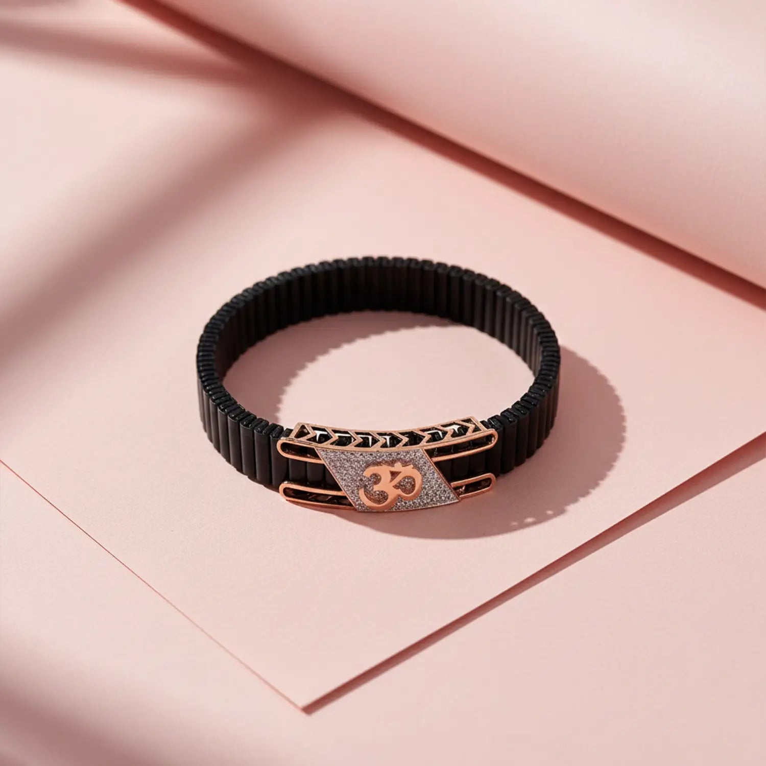 Om Symbol Black Strap Silver Bracelet for Men- Made With Pure 925 Silver