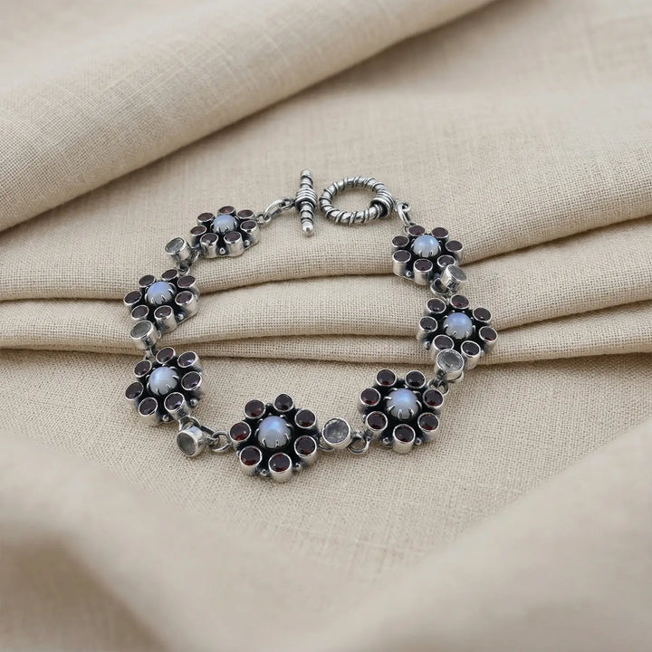 Floral Garnet & Moonstone Silver Pearl  Bracelet - Made With 925 Pure Silver