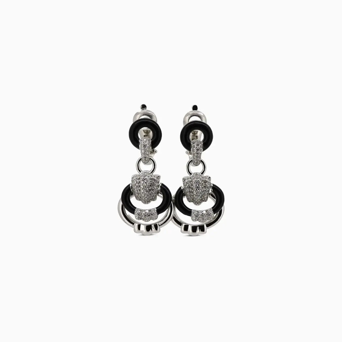 Chic Silver Drop Earrings with Black Enamel & CZ Accents - Made With Pure 925 Silver