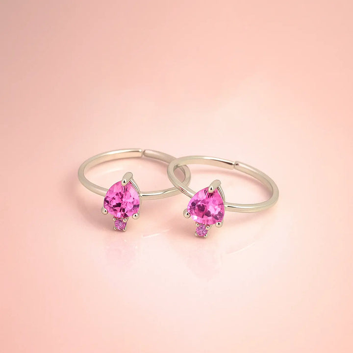 Pure  Silver Pink Heart Stone Adjustable Toe Rings