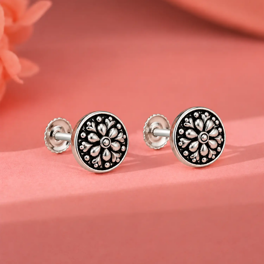 Floral Charm Oxidised Silver Stud Earrings - Made With Pure 925 Silver
