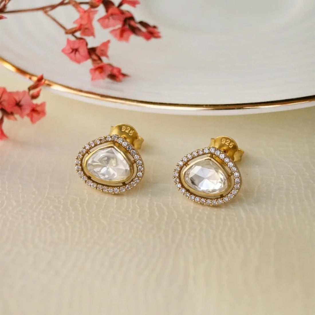 Gold-Plated Halo Kundan Sterling Silver Stud Earrings - Made With Pure 925 Silver