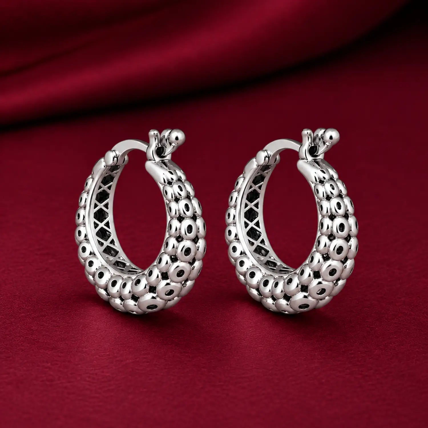 Sculpted Beaded Hoop 925 Silver Earrings - Made With Pure 925 Silver