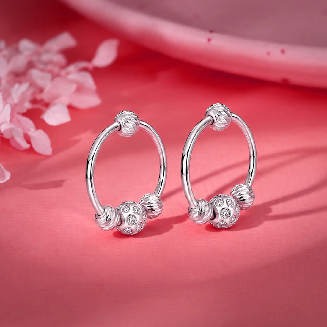 Ornate Beaded Circle Silver Hoop Earrings - Made With Pure 925 Silver
