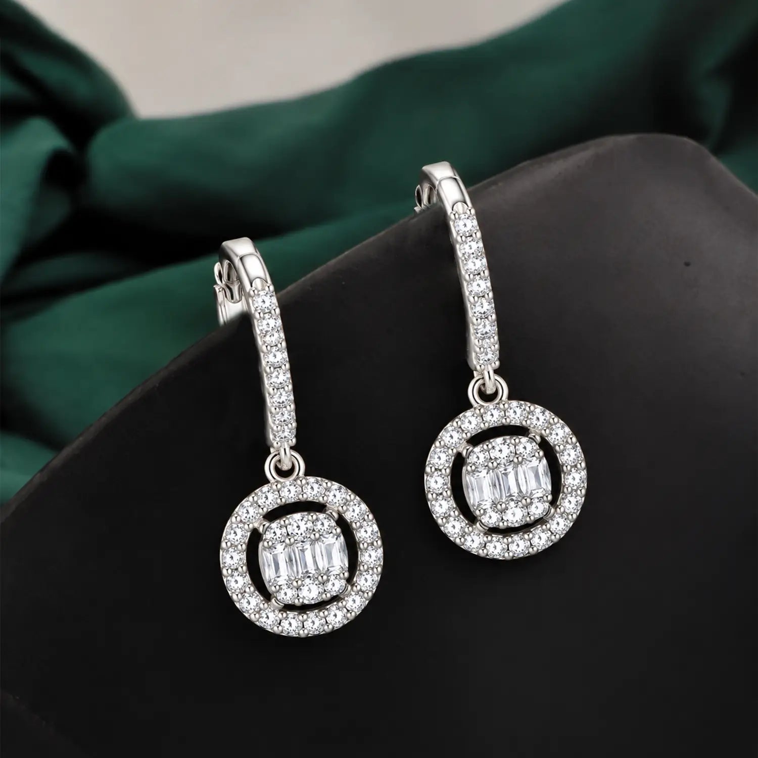 Elegant Circular Baguette Sparkle Silver Drop Earrings - Made With Pure 925 Silver