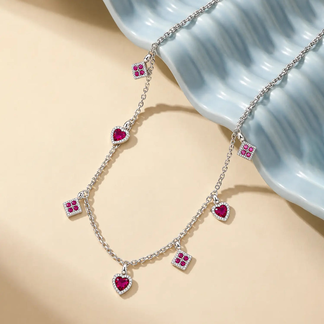 Pink Heart & Square Charm Chain - Made With Pure 925 Silver