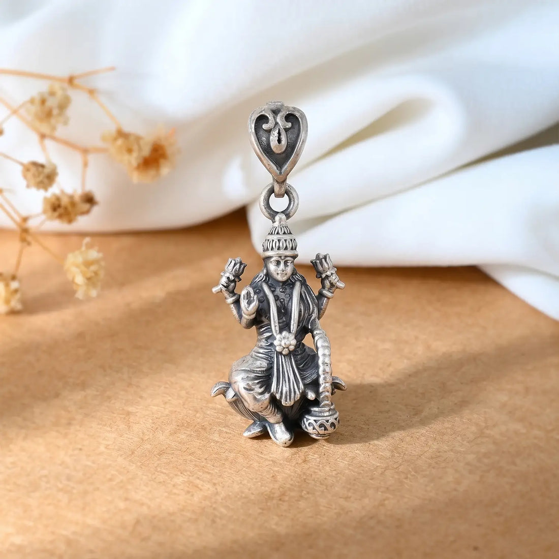 Divine Goddess Lakshmi Oxidised Silver Pendant - Made With Pure 925 Silver