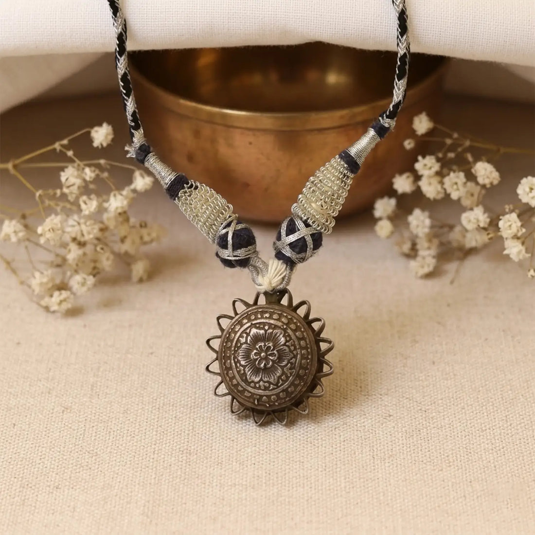 Traditional Floral Sun Design Pure Silver Pendant- Made With Pure 925 Silver