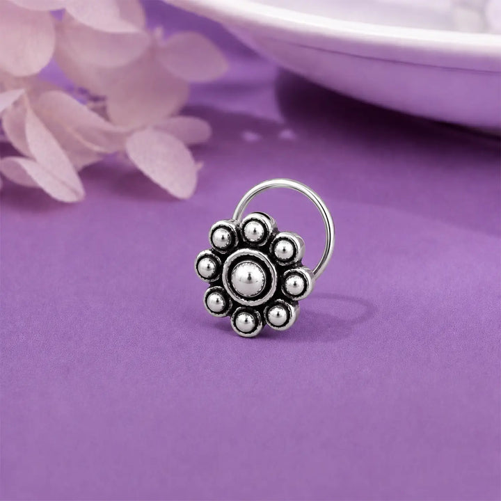 Beaded Blossom Oxidised Silver Nose Pin- Made With Pure 925 Silver