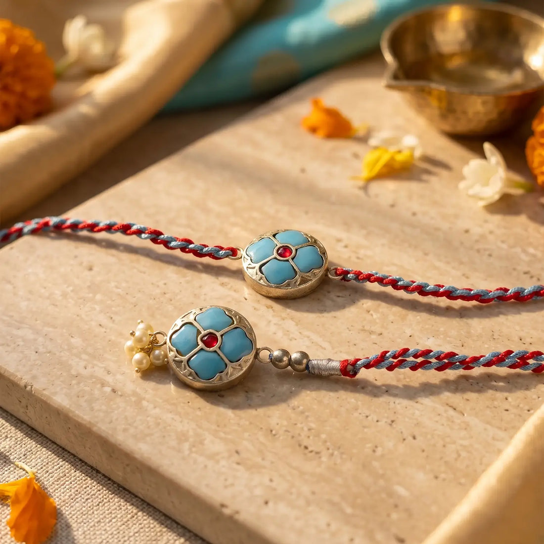 Sky Blue Floral Silver Rakhi & Lumba Set - Made With Pure 925 Silver