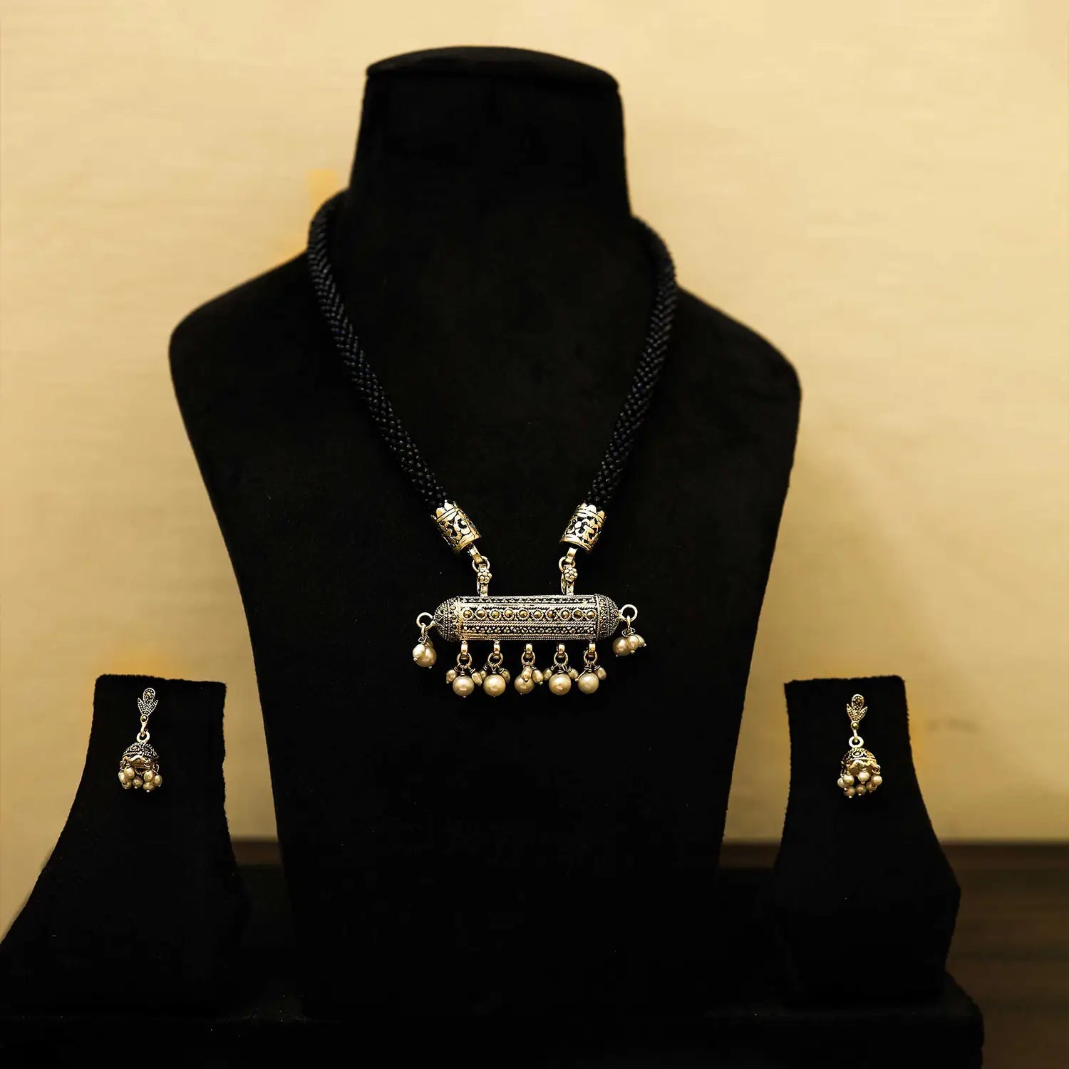Antique Silver Cylindrical Pendant Necklace Set with Pearl Drops- Made With Pure 925 Silver