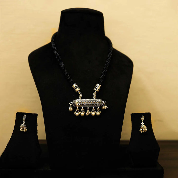 Antique Silver Cylindrical Pendant Necklace Set with Pearl Drops- Made With Pure 925 Silver