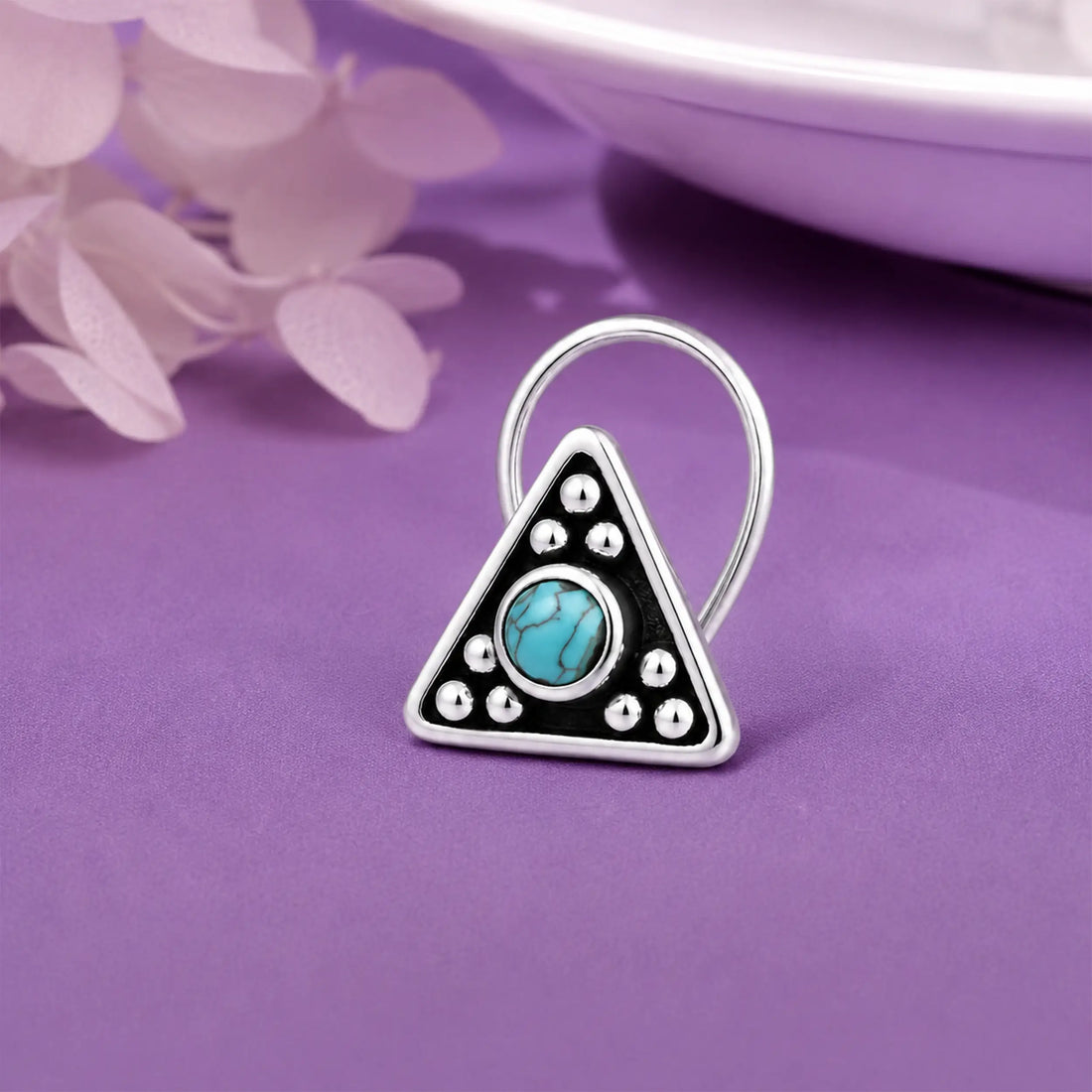 Tribal Triangle Pure Silver Nose Pin with Blue Accents- Made With Pure 925 Silver