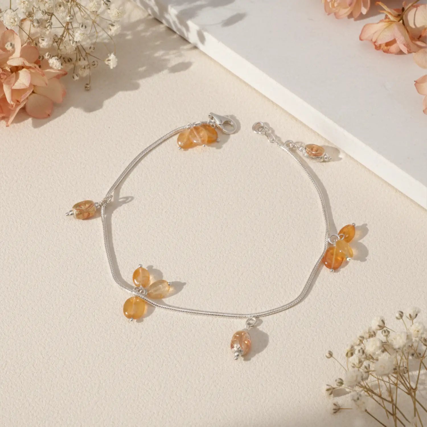 Golden Amber Drop Sterling Silver Anklets- Made With Pure 925 Silver