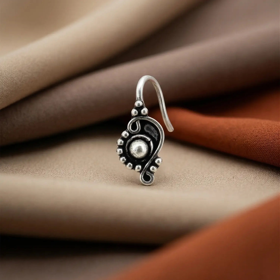 Ethnic Paisley Oxidised Silver Nose Pin- Made With Pure 925 Silver