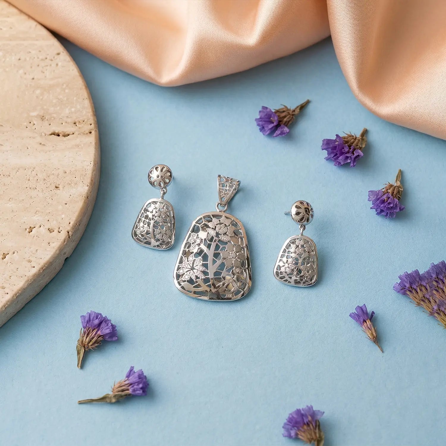 Elegant Floral Mosaic Pure Silver Pendant & Earrings Set - Made With Pure 925 Silver