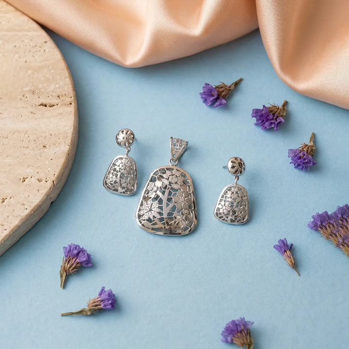 Elegant Floral Mosaic Pure Silver Pendant & Earrings Set - Made With Pure 925 Silver