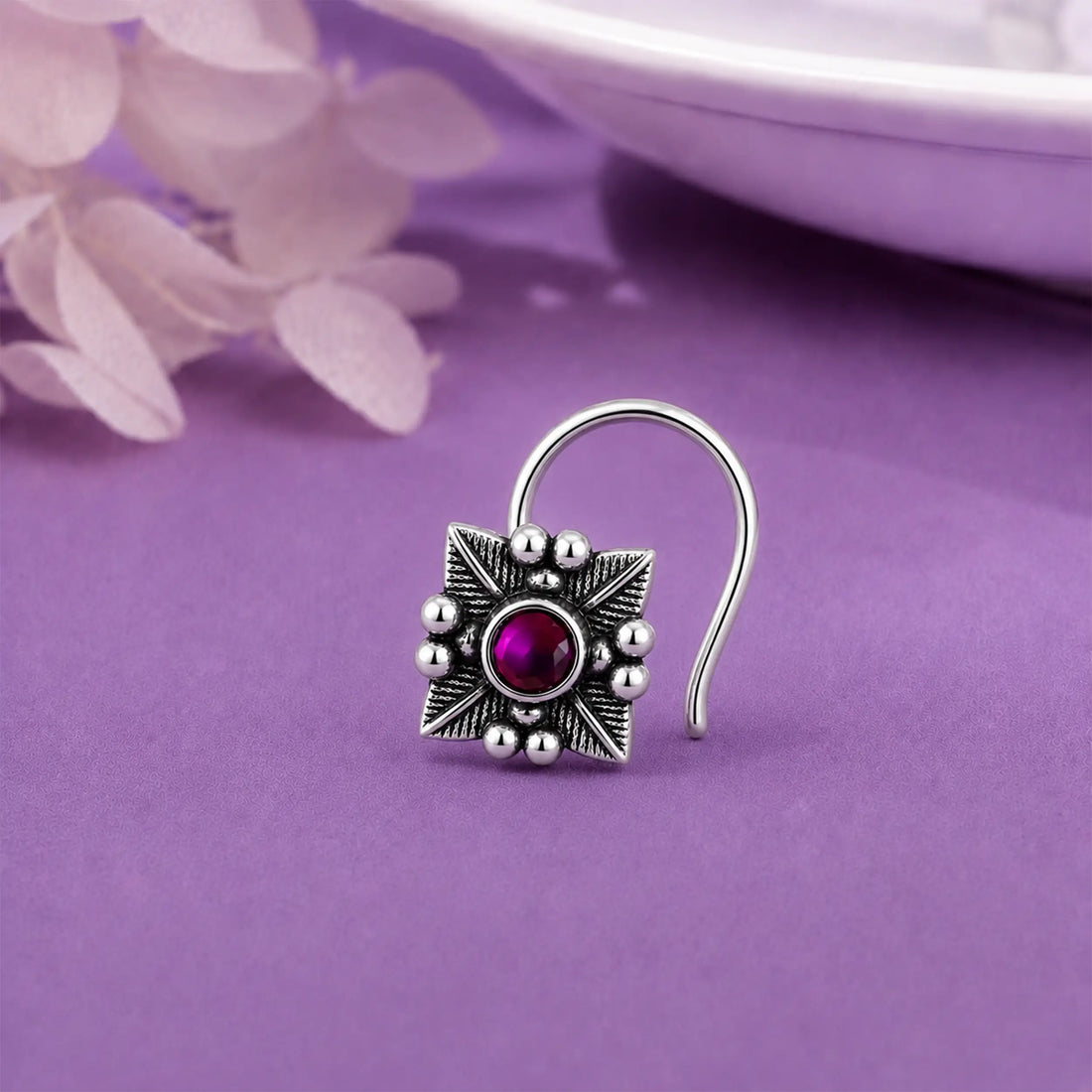 Oxidized Silver Floral Nose Pin- Made With Pure 925 Silver