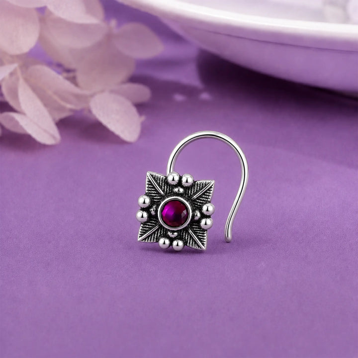 Oxidized Silver Floral Nose Pin- Made With Pure 925 Silver