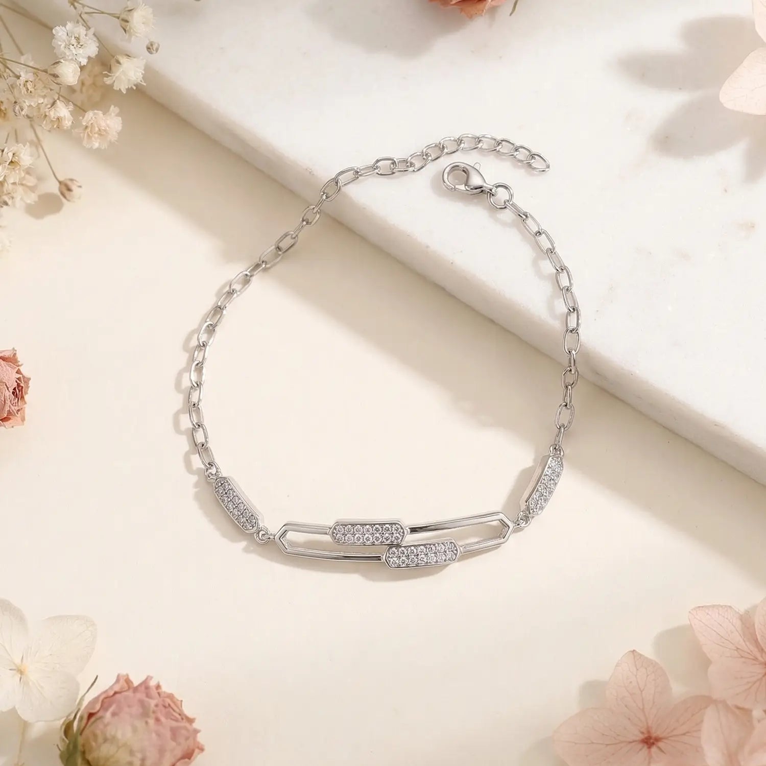 Elegant Bar Link CZ Pure Silver Bracelet - Made With Pure 925 Silver