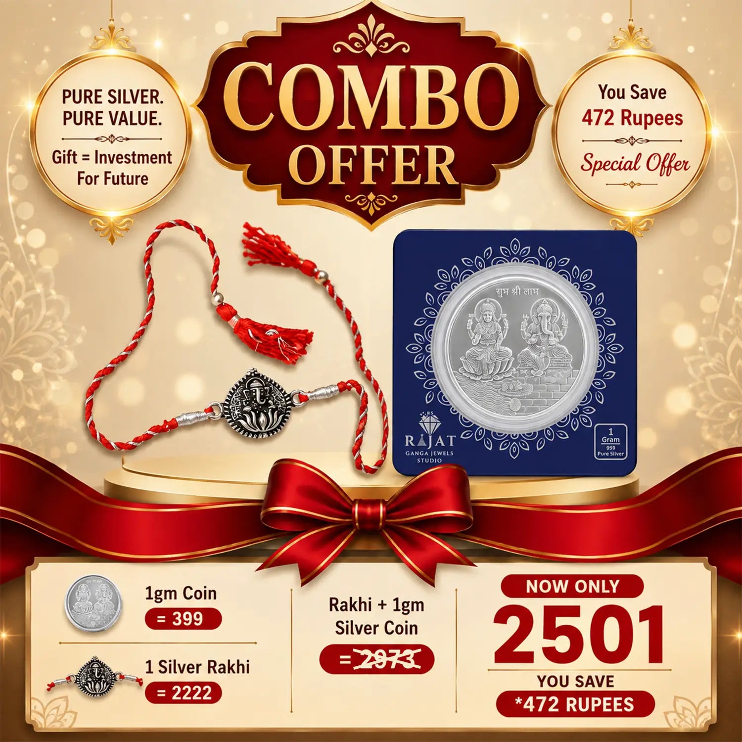 Silver Rakhi + 1gm Pure Silver Coin Combo – Premium Raksha Bandhan Gift