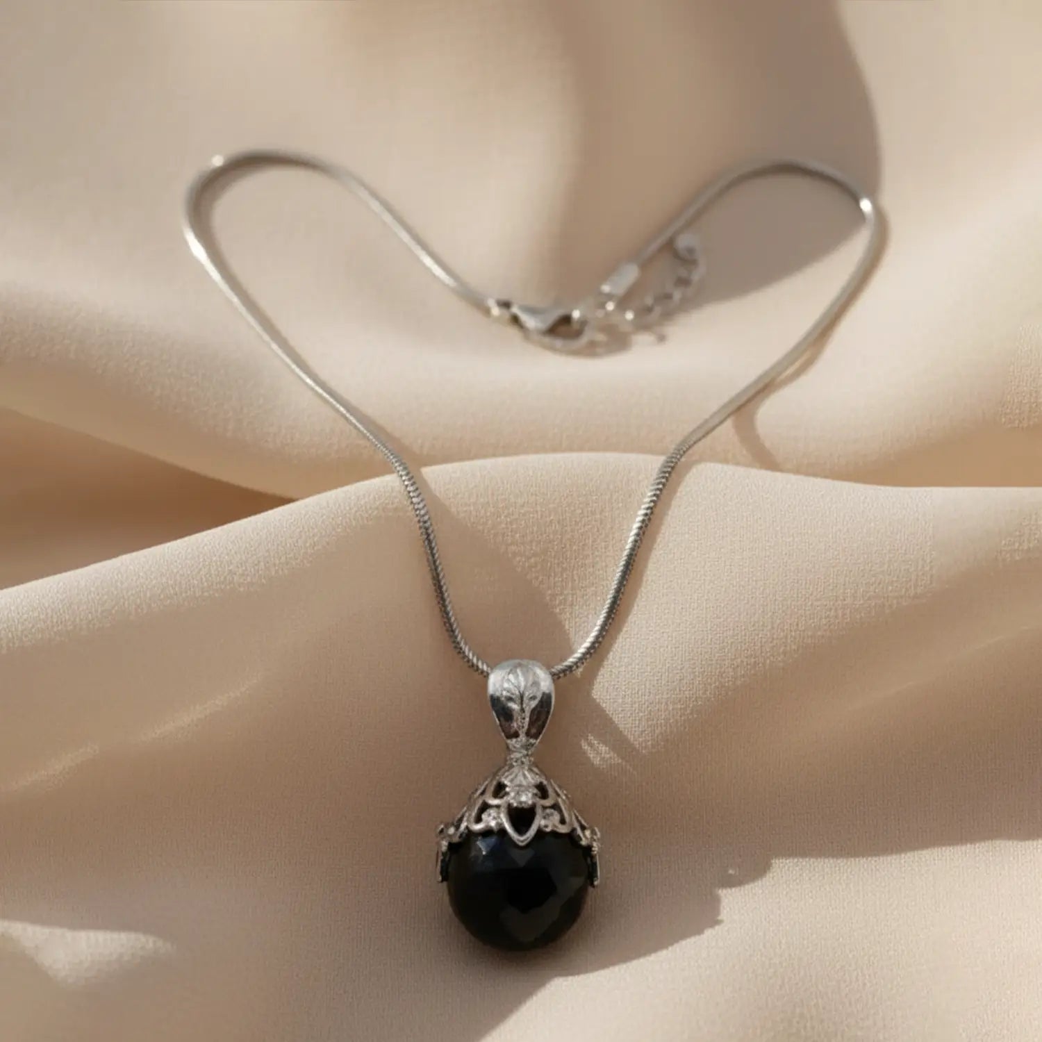 Elegant Black Stone Silver Necklace- Made With Pure 925 Silver