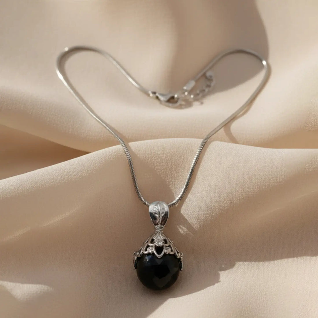 Elegant Black Stone Silver Necklace- Made With Pure 925 Silver