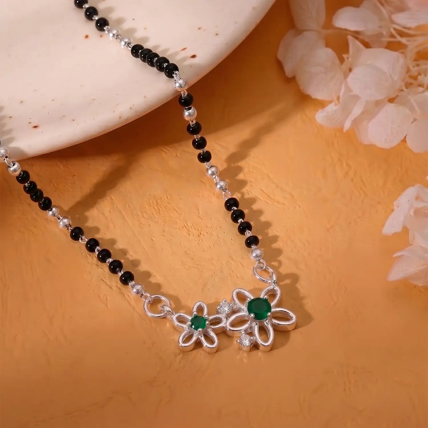 Elegant Green Floral Silver Mangalsutra - Made With Pure 925 Silver