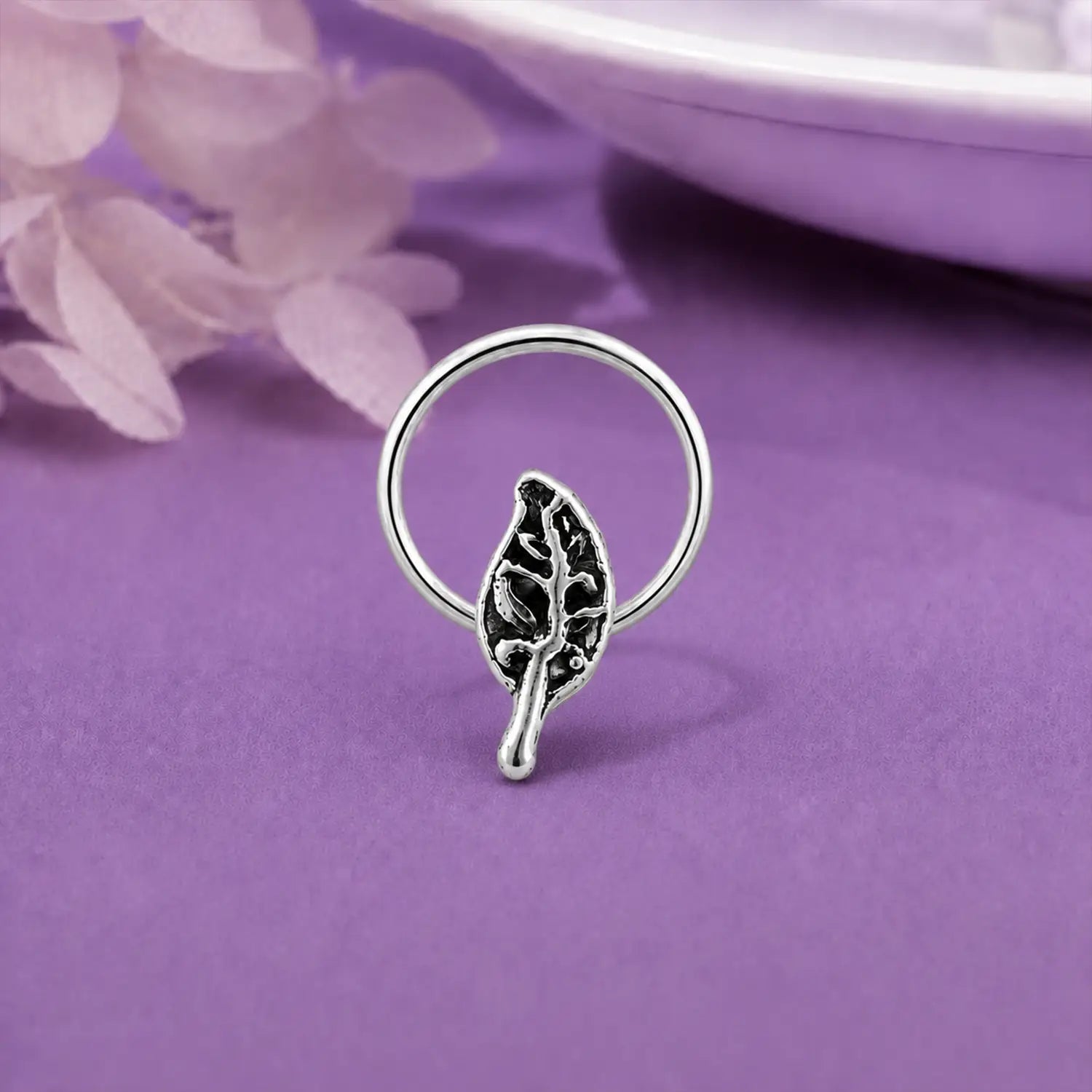 Oxidised Silver Leaf Motif Nose Pin- Made With Pure 925 Silver