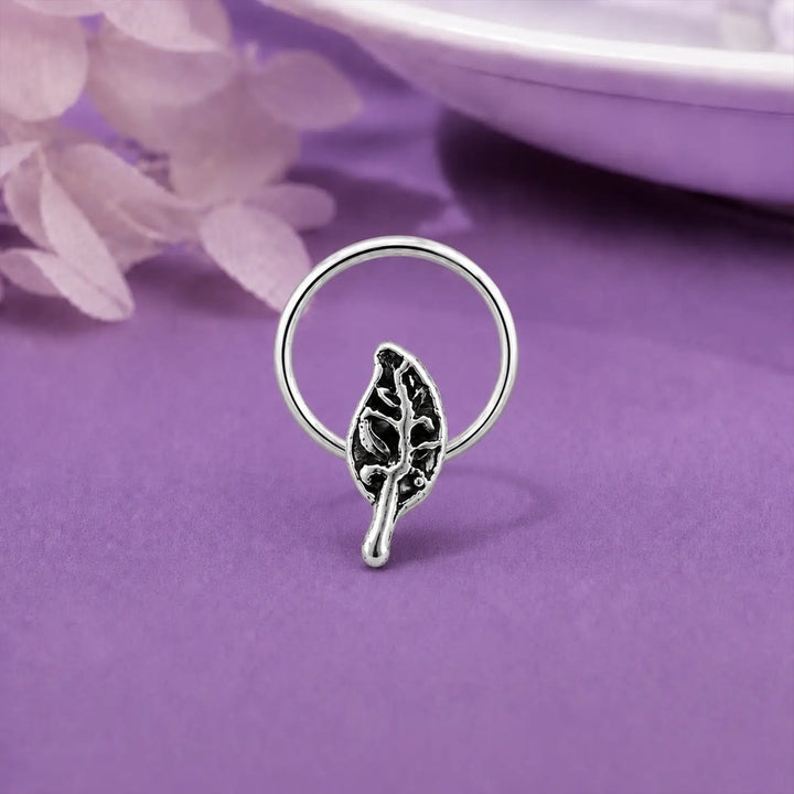 Oxidised Silver Leaf Motif Nose Pin- Made With Pure 925 Silver